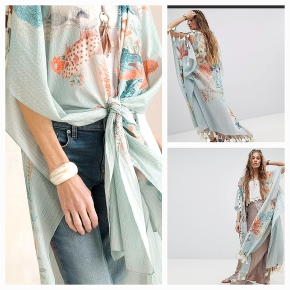 Aratta Maxi Kimono With Tassel Trim In Ocean View Print - Picture 1 of 3
